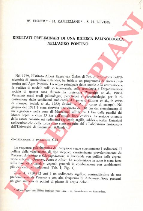 EISNER W. - KAMERMANS H. - LOVING S. H. - - Risultati preliminari di una ricerca palinologica nell'Agro Pontino.