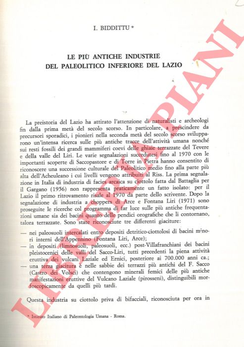BIDDITTU I. - - Le pi antiche industrie del Paleolitico inferiore del Lazio.