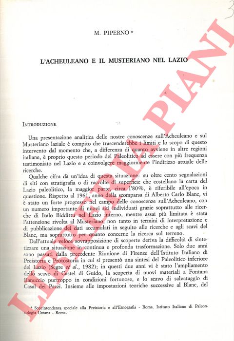 PIPERNO M. - - L'Acheuleano e il Musteriano nel Lazio.