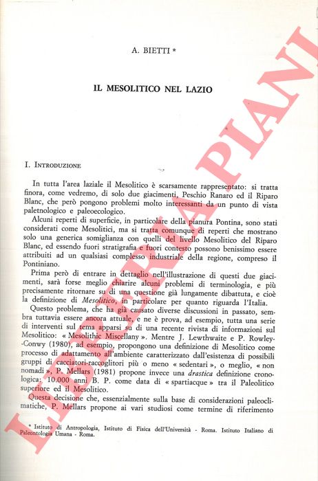 BIETTI A. - - Il Mesolitico nel Lazio.