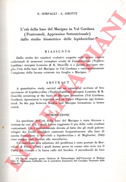 SERPAGLI E. - SIROTTI A. - - L'et della base del Macigno in Val Gordana (Pontremoli, Appennino settentrioale) dallo studio biometrico delle lepidocicline.