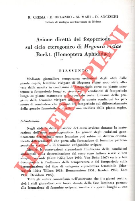 CREMA R. - ORLANDO E. - MARI M. - ANCESCHI D. - - Azione diretta del fotoperiodo sul ciclo eterogonico di Megoura viciae Buckt (Homoptera aphidiae) .