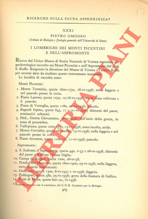 OMODEO Pietro - - Ricerche sulla fauna appenninica. I Lombrichi dei Monti Picentini e dell'Aspromonte.