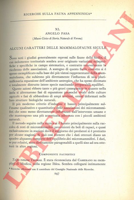 PASA Angelo - - Ricerche sulla fauna appenninica. Alcuni caratteri delle Mammalofaune sicule.