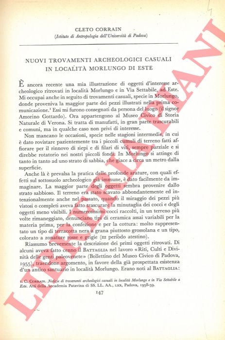 CORRAIN Cleto - - Nuovi trovamenti archeologici casuali in localit Morlungo d'Este.