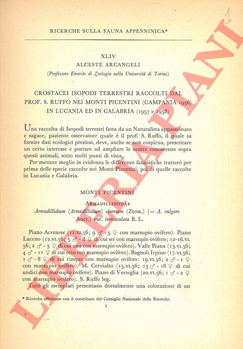 ARCANGELI Alceste - - Ricerche sulla fauna appenninica. Crostacei Isopodi terrestri raccolti dal prof. S. Ruffo nei Monti Picentini (Campania 1956) in Lucania ed in Calabria (1957 e 1958) .
