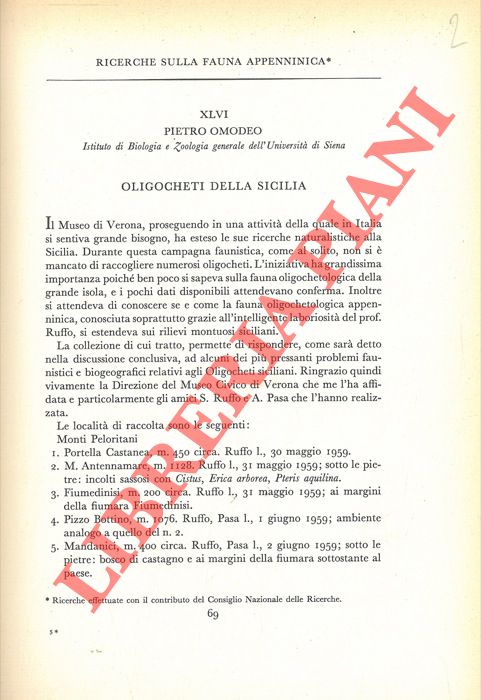 OMODEO Pietro - - Ricerche sulla fauna appenninica. Oligocheti della Sicilia.