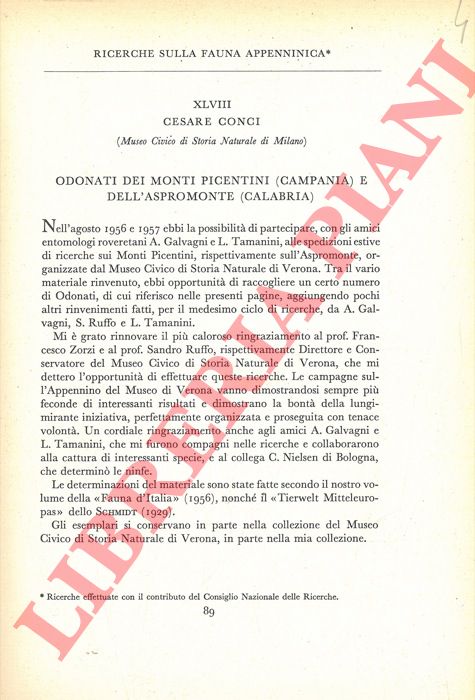 CONCI Cesare - - Ricerche sulla fauna appenninica. Odonati dei Monti Picentini (Campania) e dell'Aspromonte (Calabria) .