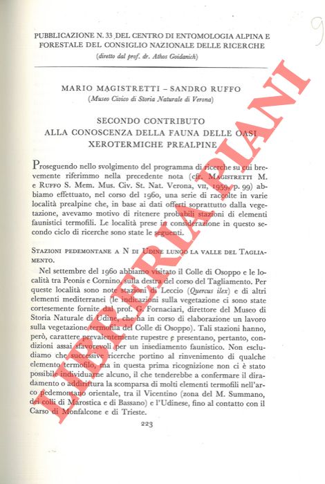 MAGISTRETTI Mario - RUFFO Sandro - - Secondo contributo alla conoscenza della fauna delle oasi xerotermiche prealpine.