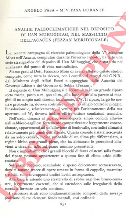 PASA Angelo - DURANTE PASA M. V. - - Analisi paleoclimatiche nel deposito di Uan Muhuggiag, nel Massiccio dell'Acacus (Fezzan meridionale) .