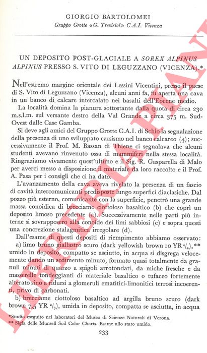 BARTOLOMEI Giorgio - - Un deposito postglaciale a Sorex alpinus presso S. Vito di Lughezzano (Vicenza) .