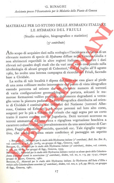 BINAGHI G. - - Materiali per lo studio delle Hydraena italiane. Le Hydraena del Friuli.