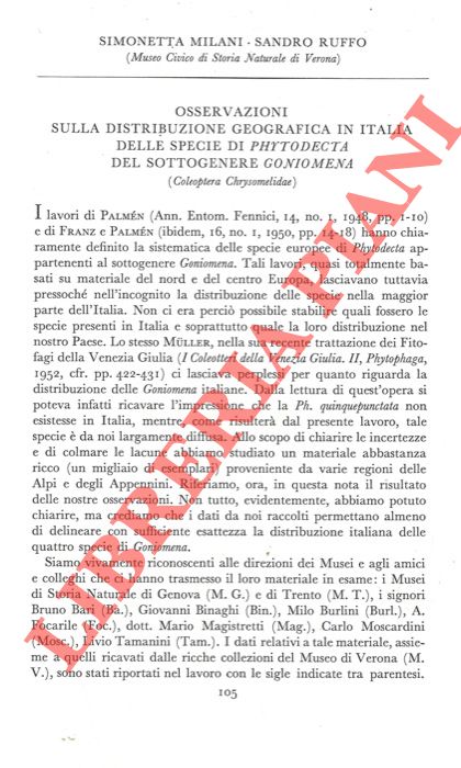 MILANI Simonetta - RUFFO Sandro - - Osservazioni sulla distribuzione geografica in Italia delle specie di Phytodecta del sottogenere Goniomena (Coleoptera Chrysomelidae) .