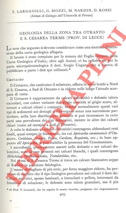 LARGAIOLLI T. - MOZZI G. - NARDIN M. - ROSSI D. - - Geologia della zona tra Otranto e S. Cesarea Terme (prov. Di Lecce) .