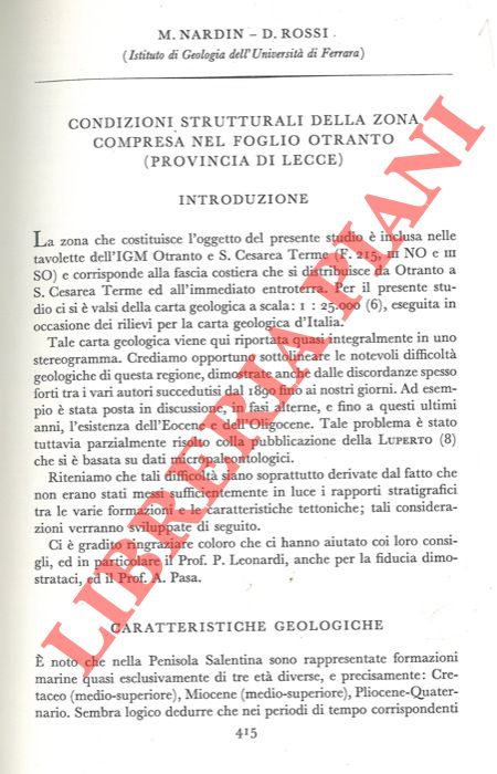 NARDIN M. - ROSSI D. - - Condizioni strutturali della zona compresa nel foglio Otranto (prov. Di Lecce) .