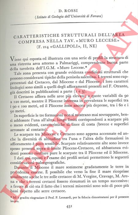 ROSSI D. - - Caratteristiche strutturali dell'area compresa nella tav. 'Muro Leccese' (F.214 'Gallipoli' , II, NE) .