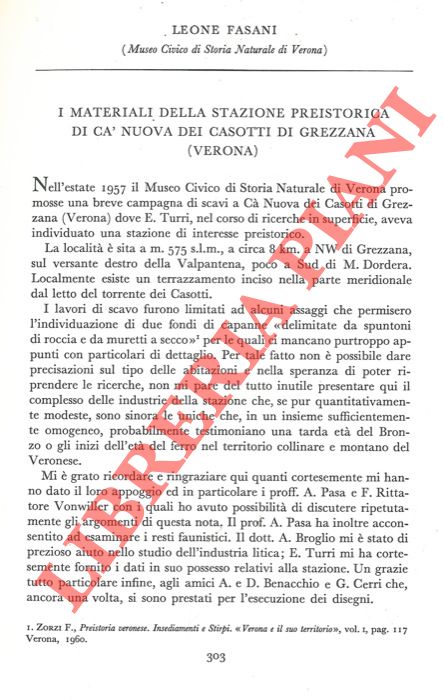 FASANI Leone - - I materiali della stazione preistorica di Ca' nuova dei Casotti di Grezzana (Verona) .