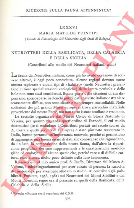 PRINCIPI Maria Matilde - - Ricerche sulla fauna appenninica. Neurotteri della Basilicata, della Calabria e della Sicilia.