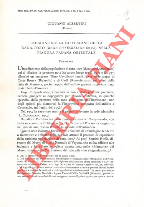 ALBERTINI Giovanni - - Indagine sulla diffusione della Rana-toro (Rana catesbeiana) nella pianura padana orientale.