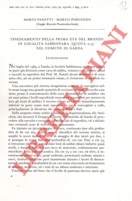 PASOTTI Mario - PORCEDDU Marco - - Insediamento della prima et del Bronzo in localit Sabbionare (Quota 213) nel comune di Garda.