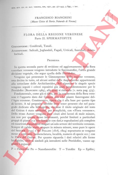 BIANCHINI Francesco - - Flora della regione veronese. Spermatofite.
