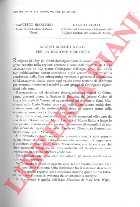 BIANCHINI Francesco - TOSCO Uberto - - Alcuni muschi nuovi per la regione veronese.