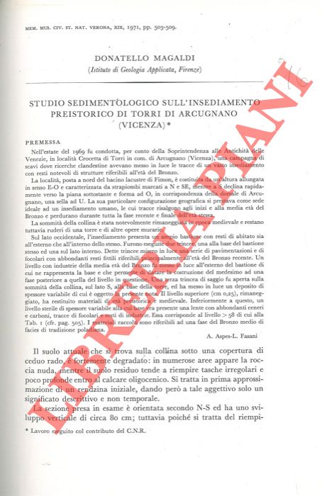 MAGALDI Donatello - - Studio sedimentologico sull'insediamento preistorico di Torri di Arcugnano (Vicenza) .