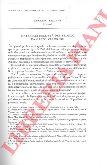 SALZANI Luciano - - Materiali dell'Et del Bronzo da Gazzo Veronese.