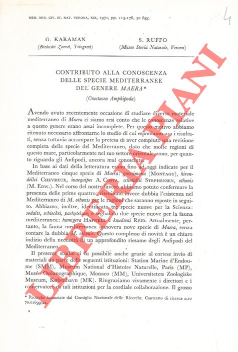 KARAMAN G. - RUFFO Sandro - - Contributo alla conoscenza delle specie mediterranee del genere Maera (Crustacea Amphipoda) .