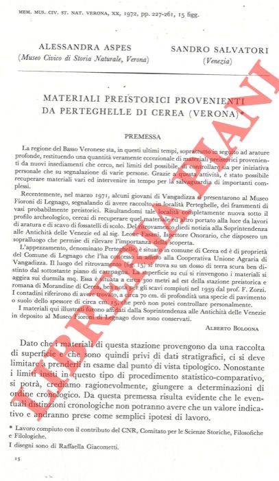 ASPES Alessandra - SALVADORI Sandro - - Materiali preistorici provenienti da Perteghelle di Cerea (Verona) .