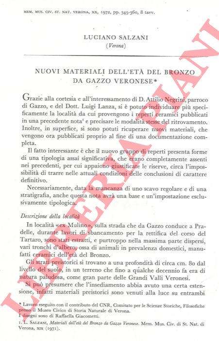 SALZANI Luciano - - Nuovi materiali dell'Et del Bronzo da Gazzo Veronese.