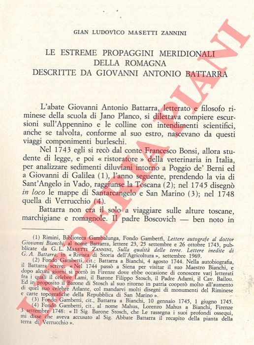 MASETTI ZANNINI Gian Ludovico - - Le estreme propaggini meridionali della Romagna descritte da Giovanni Antonio Battarra.