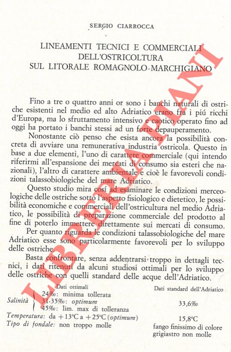 CIARROCCA Sergio - - Lineamenti tecnici e commerciali dell'ostricoltura sul litorale romagnolo-marchigiano.