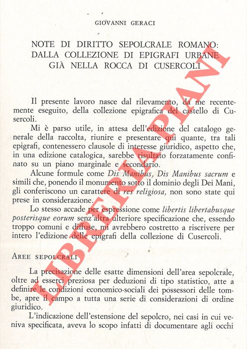 GERACI Giovanni - - Note di diritto sepolcrale romano: dalla collezione di epigrafi urbane gi nella rocca di Cusercoli.