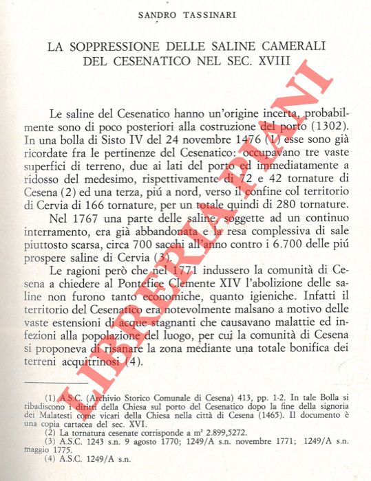 TASSINARI Sandro - - La soppressione delle saline camerali del Cesenatico nel sec. XVIII.