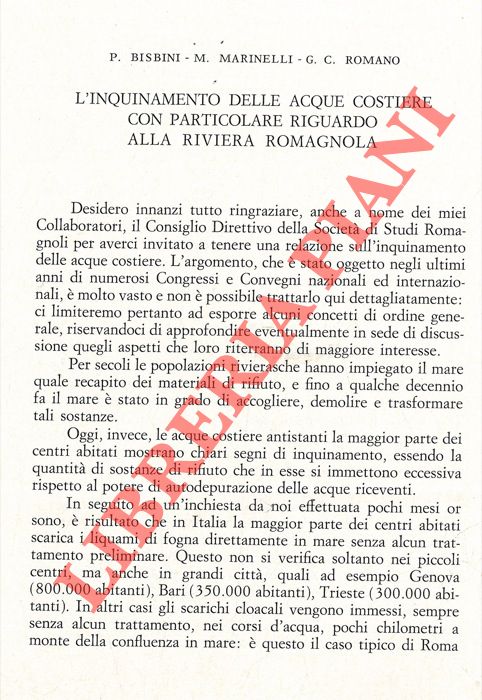 BISBINI Pierluigi - MARINELLI Marina - ROMANO Giancarlo - - L'inquinamento delle acque costiere con particolare riguardo alla riviera romagnola.