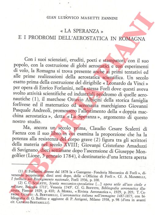 MASETTI ZANNINI Gian Ludovico - - 'La Speranza' e i prodromi dell'aerostatica in Romagna.