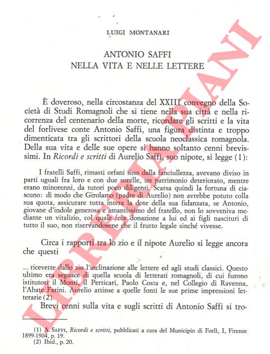 MONTANARI Luigi - - Antonio Saffi nella vita e nelle lettere.