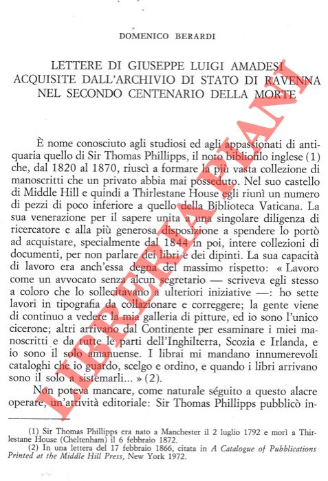 BERARDI Domenico - - Lettere di Giuseppe Luigi Amadesi acquisite all'Archivio di Stato di Ravenna nel secondo centenario della morte.