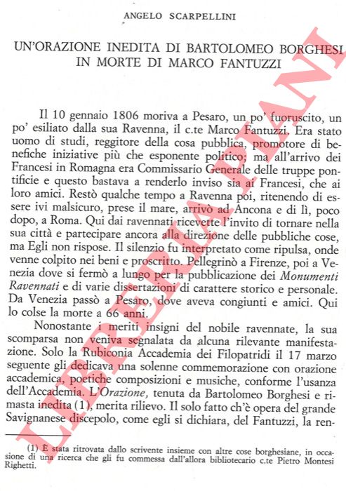 SCARPELLINI Angelo - - Un'orazione inedita di Bartolomeo Borghesi in morte di Marco Fantuzzi.