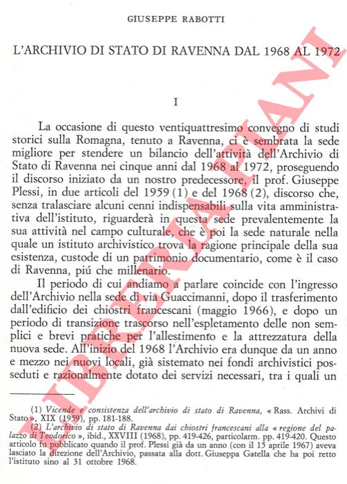 RABOTTI Giuseppe - - L'Archivio di Stato di Ravenna dal 1968 al 1972.