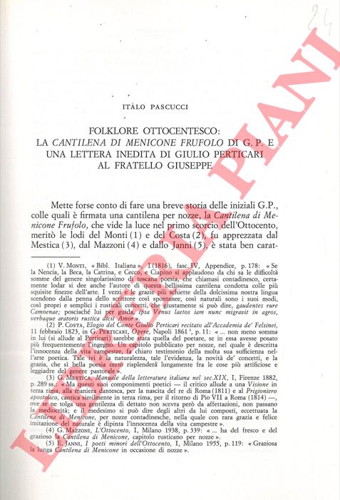 PASCUCCI Italo - - Folklore ottocentesco: La Cantilena di Menicone Frufolo di G. P.