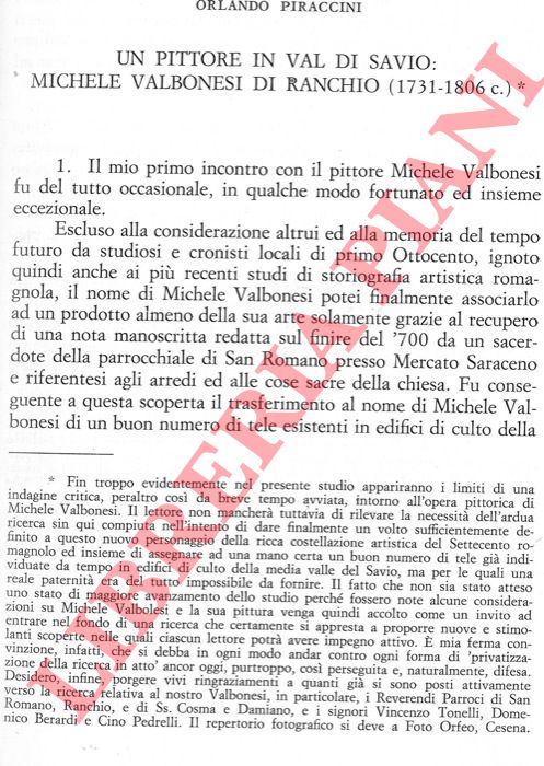 PIRACCINI Orlando - - Un pittore di val di Savio: Michele Valbonesi di Ranchio ( 1731-1806 c. ) .