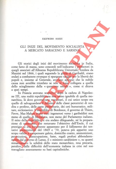 SOZZI Sigfrido - - Gli inizi del movimento socialista a Mercato Saraceno e Sarsina.