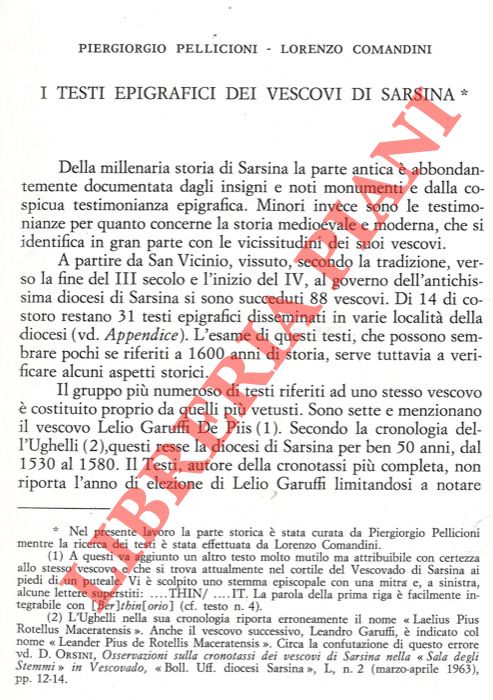 PELLICIONI Piergiorgio - COMANDINI Lorenzo - - I testi epigrafici dei vescovi di Sarsina.