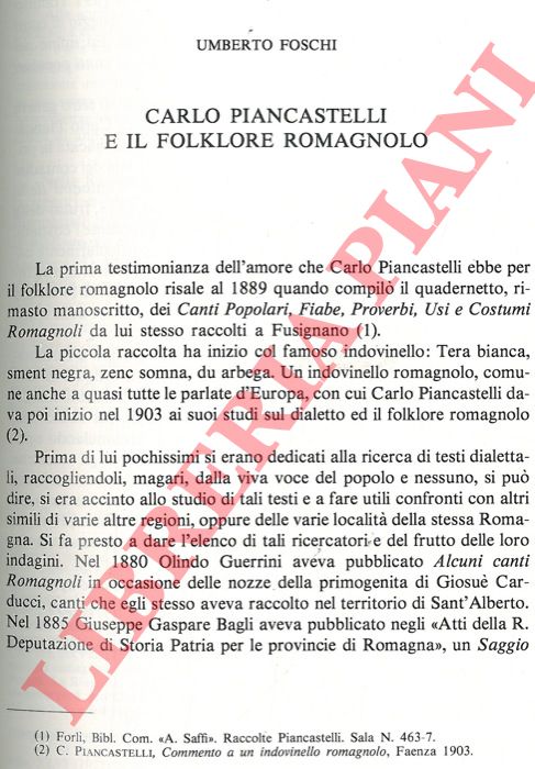 FOSCHI Umberto - - Carlo Piancastelli e il folklore romagnolo.