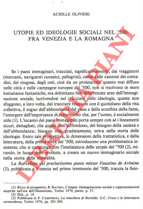 OLIVIERI Achille - - Utopie e ideologie sociali nel '500: fra Venezia e la Romagna.