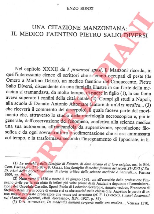 BONZI Enzo - - Una citazione manzoniana: il medico faentino Pietro Salio Diversi.