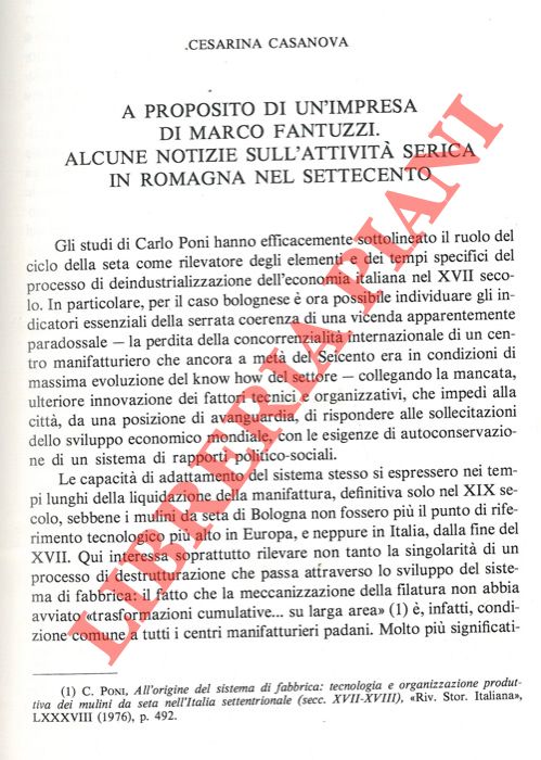 CASANOVA Cesarina - - A proposito di un'impresa di Marco Fantuzzi. Alcune notizie sull'attivit serica in Romagna nel Settecento.