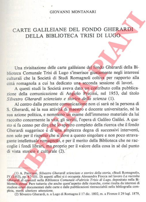 MONTANARI Giovanni - - Carte galileiane del fondo Gherardi della Biblioteca Trisi di Lugo.